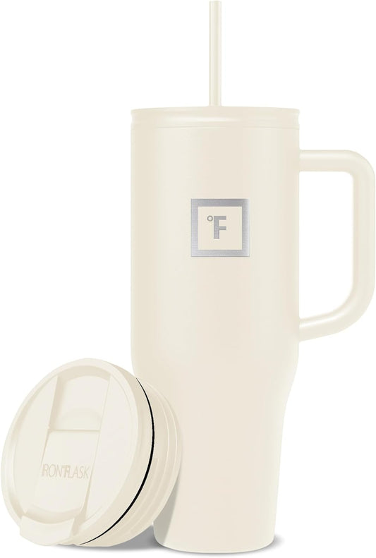 IRON °FLASK Co-Pilot Insulated Mug w/Straw & Flip Cap Lids - Cup Holder Bottle for Hot, Cold Drink - Leak-Proof - Water, Coffee Portable Travel Mug - Cashmere Cream, 40 Oz