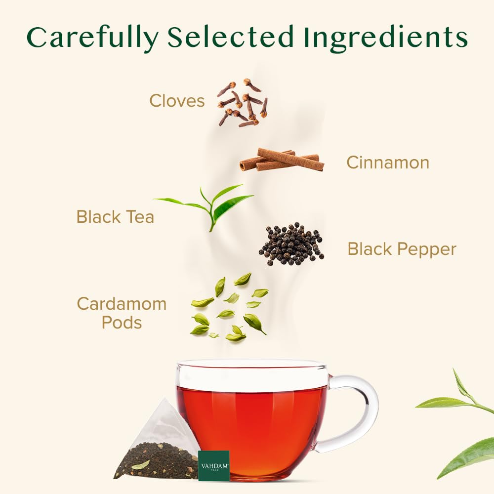 VAHDAM, India's Original Masala Chai Tea Bags (100 Count) No Added Flavoring | Blended w/Exotic Spices | Whole Leaf Tea Bags | Resealable Ziplock Pouch