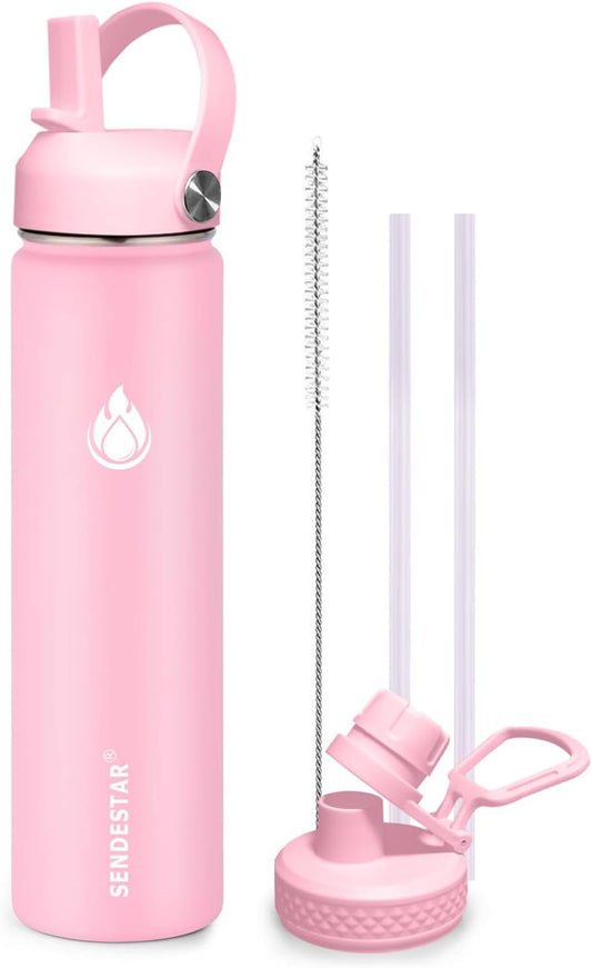 SENDESTAR Stainless Steel Wide Mouth Water Bottle 24oz Double Wall Vacuum Insulated Leak Proof Bottle with New Flex Straw Lid & Spout Lid XIN-PH-0750-1