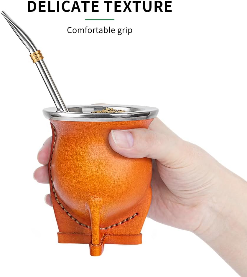 Argentina Yerba Mate Cup With Ceramic liner Straw Tea Gourd Mug One Bombilla Mate a Cleaning Brush (brown)