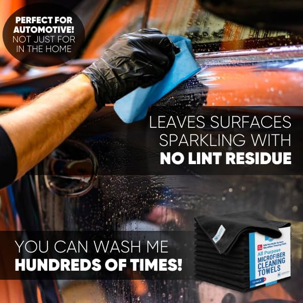 Microfiber Wholesale MW Pro Multi-Surface Microfiber Towel – 12 Pack | Premium Cleaning Cloth | Clean, Dust, Polish, Absorb | Large 16"x16" (Black)