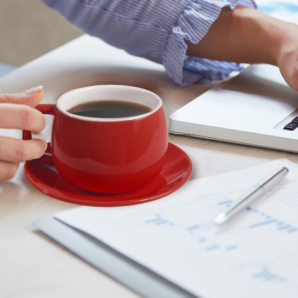 Porcelain Coffee Cup with Saucer 270ml/9oz, Minimalist Design, Perfect for Latte, Cappuccino, and Tea, Red