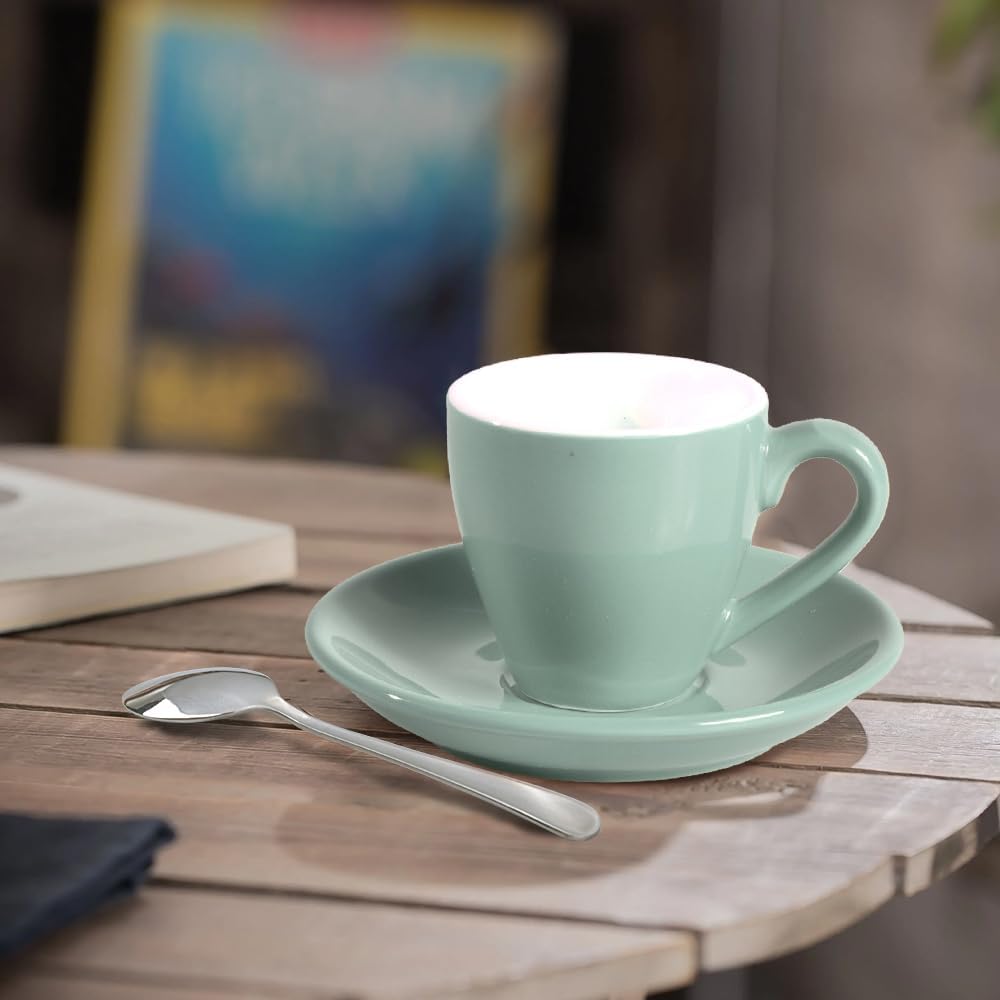 homEdge Porcelain Espresso Shot Cup Set with Saucers and Stainless Steel Spoons - 80 ml / 2.67 oz, Set of 4, Mint Green