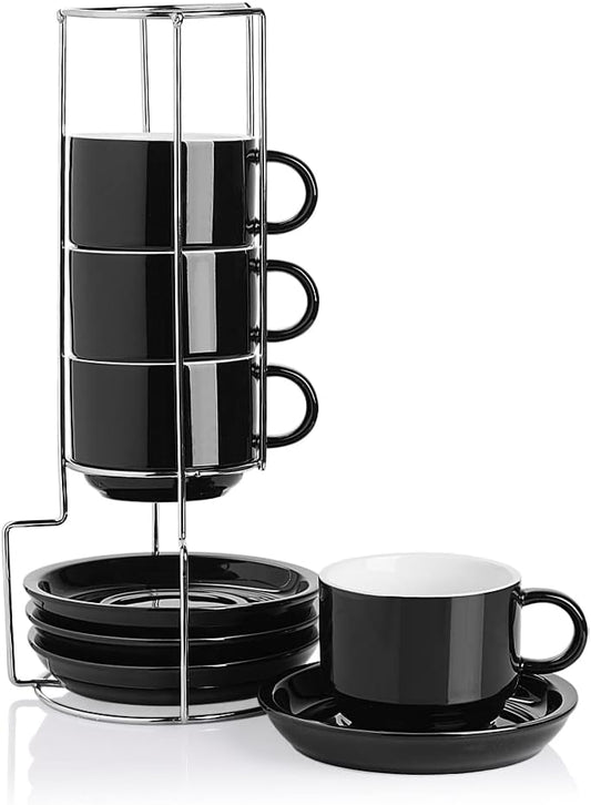 Sweejar Porcelain Cappuccino Cups with Saucers and Metal Stand, 8 Ounce Stackable Espresso Cups for Specialty Coffee Drinks, Latte, Americano, Tea - Set of 4 (Black)