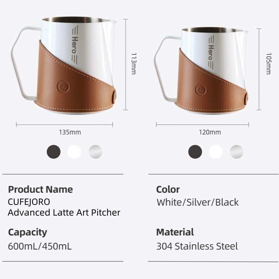 Milk Frothing Pitcher 450ml/16oz 304 Stainless Steel Espresso Steaming Pitcher with PU Leather, Milk Frothing Jug,milk frother cup,Milk Jug Cup,Premium Barista Tools,Latte Art (WHITE,20oz)