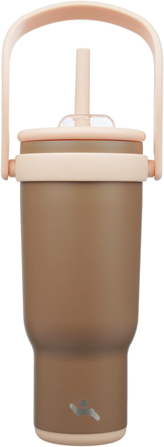 40 oz Tumbler with Side Handle, Insulated Water Bottle with Straw and 2 in 1 Lid, Stainless Steel Cup Travel Coffee Mug for Sports Office Gym,Brown