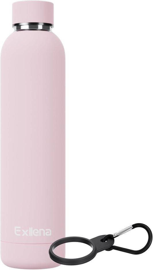 Slim Insulated Water Bottles for Travel 25oz with Clip, Double Wall Vacuum Stainless Steel Water Bottle Keeps Drinks Cold 24 Hrs/Hot 12 Hrs, 100% Leakproof, BPA Free(Pink)