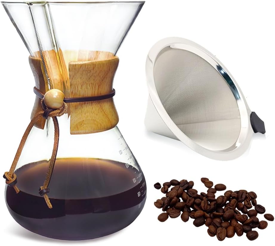 Pour Over Coffee Maker with Filter Subjectthree 34oz Glass Coffee Carafe Dripper Pourover Set (10 Cup/34 oz)