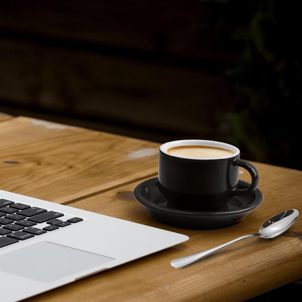 homEdge Premium Espresso Shot Cups and Saucers Set with Espresso Stainless Steel Spoons - 2.5 oz, Set of 4, Black