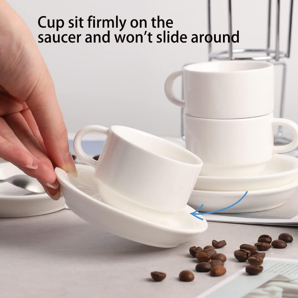 Sweejar Porcelain Espresso Cups with Saucers, 2.5 Ounce Stackable Cappuccino Cups with Metal Stand for Coffee Drinks, Latte, Tea - Set of 4 (Black)