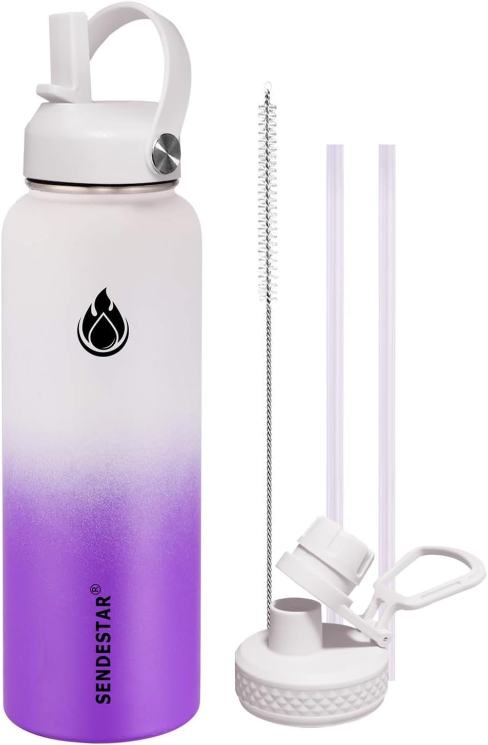 SENDESTAR Water Bottle 40oz Double Wall Vacuum Insulated Leak Proof Stainless Steel Sports Water Bottle—Wide Mouth with New Flex Straw Lid & Spout Lid (White&Voilet)