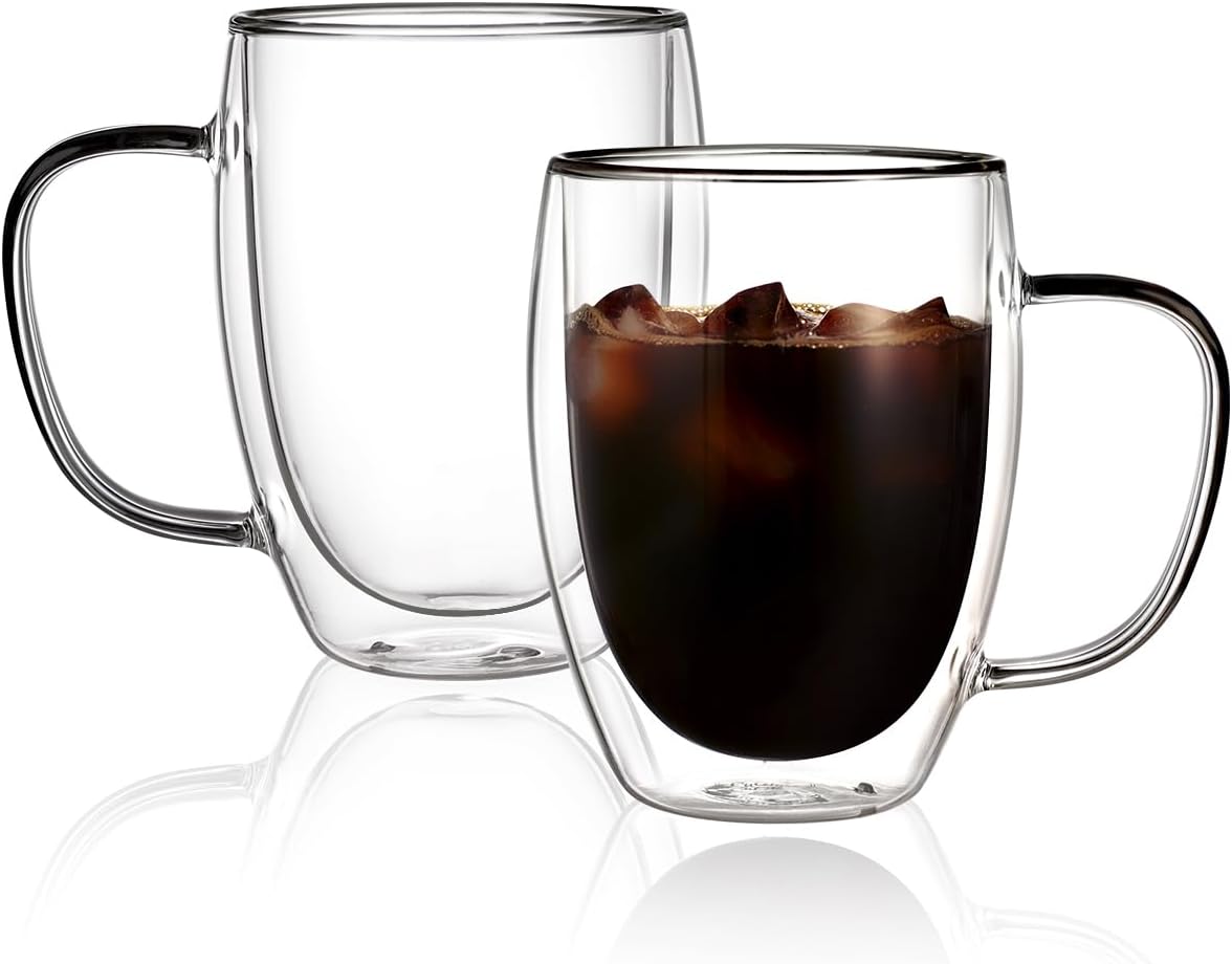 CNGLASS 12oz Double Walled Glass Coffee Mugs,Insulated Glass Mugs with Handle,Clear Espresso Cups for Latte,Cappuccino,Tea Bag,Set of 2