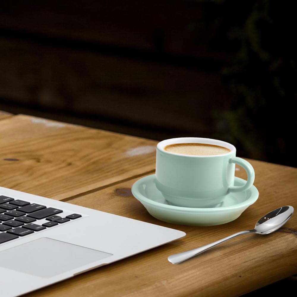 homEdge Premium Espresso Shot Cups and Saucers Set with Espresso Stainless Steel Spoons - 2.5 oz, Set of 4, Mint Green