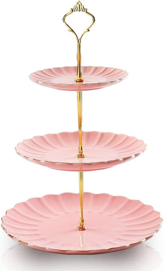 Sweejar 3 Tier Ceramic Cake Stand Wedding, Dessert Cupcake Stand for Tea Party Serving Platter (Pink)