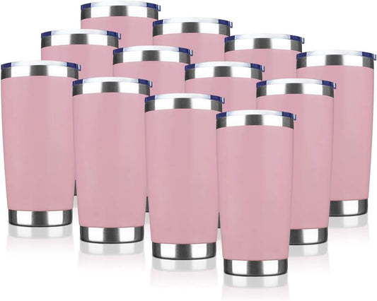 20oz Tumbler Stainless Steel Vacuum Insulated Mug with Lid, Double Wall Travel Mug, Durable Powder Coated Coffee Cup, Suitable for Ice Drinks and Hot Beverage (Pink 12pack)
