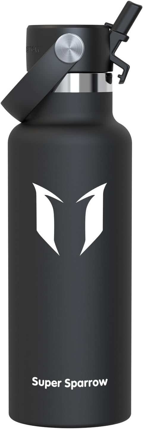 Super Sparrow Insulated Water Bottle - 17 Oz / 25 Oz / 32 Oz - Standard Mouth FlipFlow Flask - BPA Free, Leak Proof Drink Bottle- Ergonomic Straw Water Bottles for Work, Gym, Travel, Sports