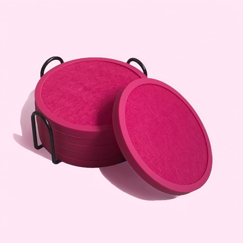 Absorbent Coasters for Drinks with Holder - 6packs, Silicone Coaster with Soft Felt Insert (4.3 inch Coasters with 4.5 inch Holder, Pink)