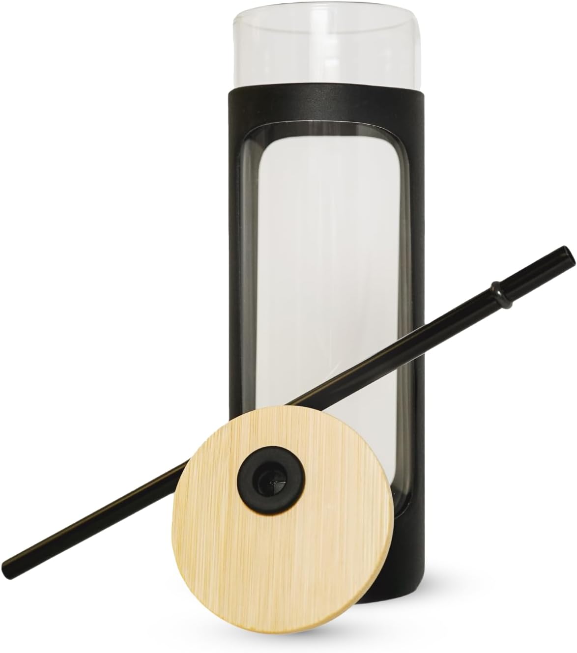 haelo 20oz Glass Tumbler Water Bottle, Iced Coffee Cup with Straw, Silicone Protective Sleeve, Bamboo Lid Reusable BPA Free (Black)