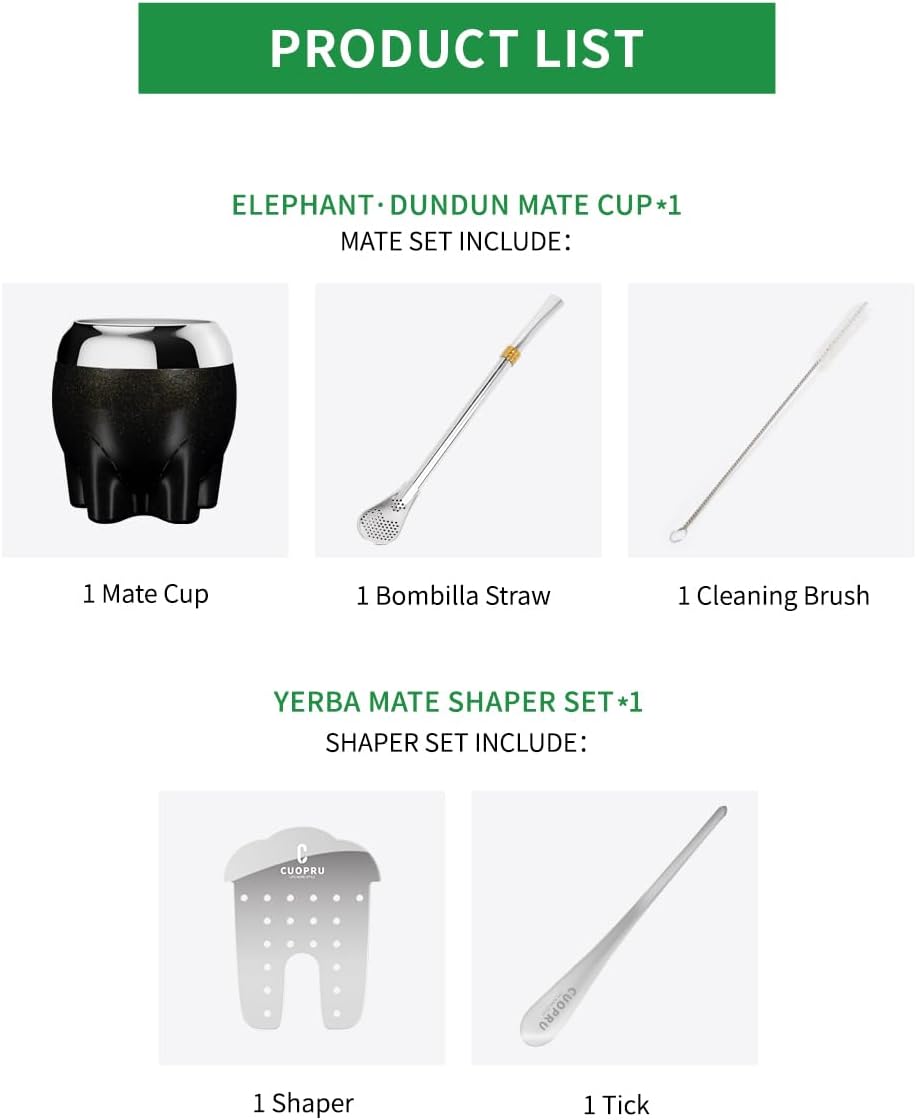 Premium Yerba Mate Cup 5 in 1 Set, Including Stainless Steel Gourd (Glitter Stars, Cute Elephant Style) Bombilla Straw, and Tea Shaper Set, 5.4oz, Gift for Women Drinking Coffee Tea Water