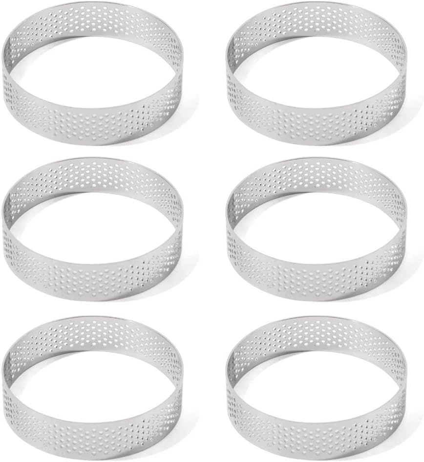 Guowall Stainless Steel Round Tart Ring Metal Perforated Cake Mold Pastry Molud for Circle Tartlet French Dessert Small Fruit Tarte Crust (6pcs)
