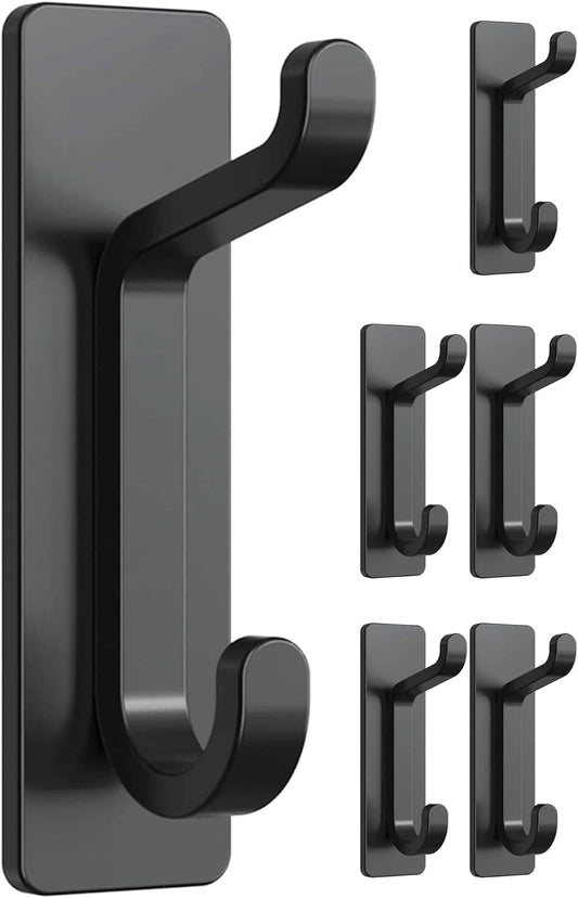 Wall Hooks for Coat and Towel: 13LB Adhesive Door Hanger Stick on, Black 6 Pack