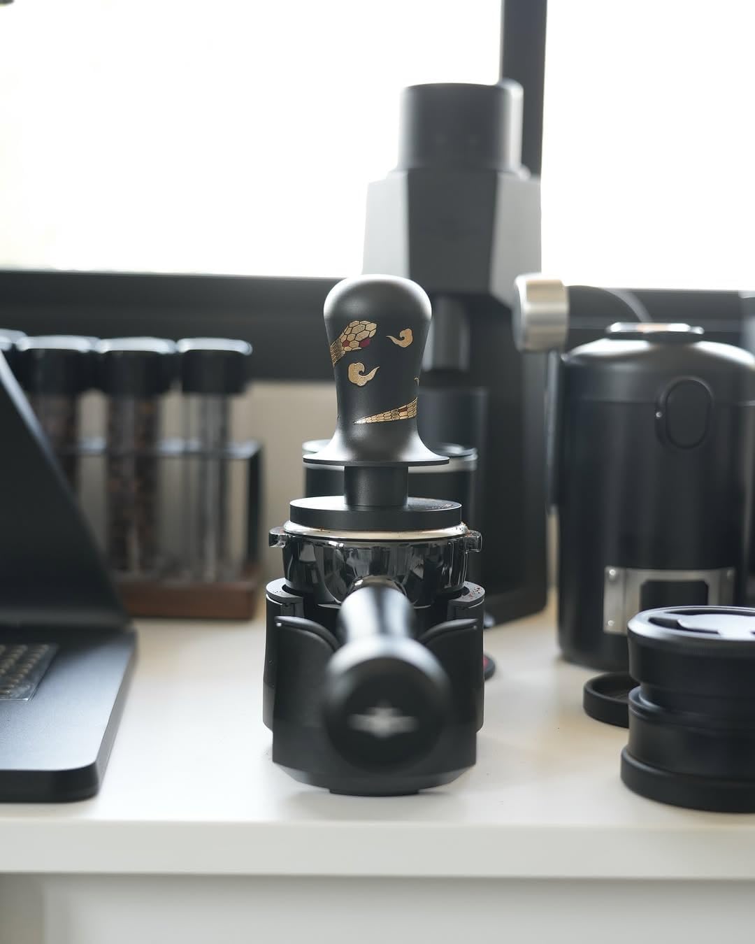 MHW-3BOMBER 58.35mm Espresso Tamper New Year Edition Snake Pattern - 3 Spring Loaded Coffee Tamper with Sound Feedback - Barista Tamper Tool - Ergonomic Handle Ripple Base T6079TS-OS