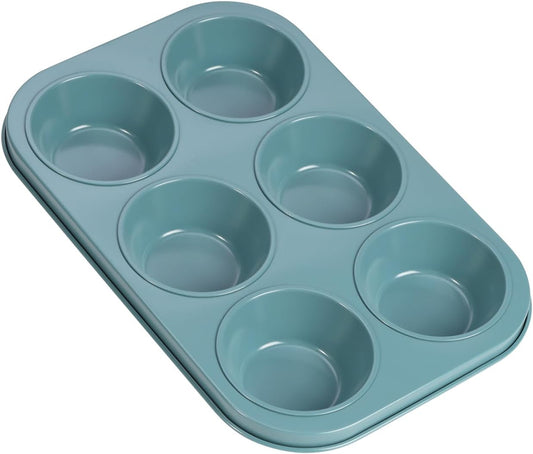 CHEFMADE Muffin Pan, 6-Cavity Non-Stick Cupcake Baking Pan Heavy Duty Carbon Steel Pan Muffin Tins Standard Baking Mold for Cakes（Green）