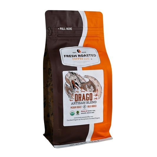 Fresh Roasted Coffee, Organic Drago Café Blend | USDA Organic, Kosher | Medium Roast 12 oz Whole Bean