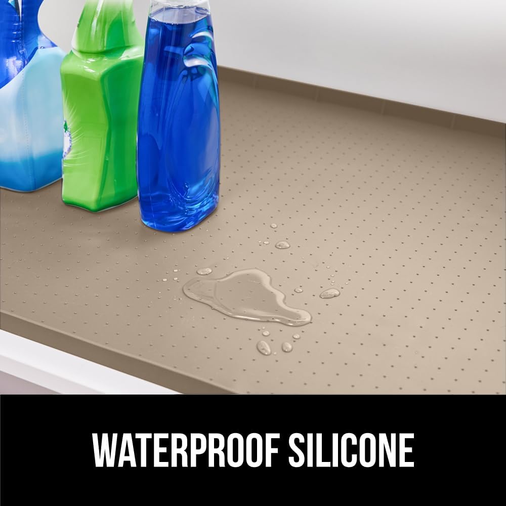 GORILLA GRIP Waterproof Silicone Under Sink Mat with Raised Lip for Kitchen and Bathroom, 34 x 22 in, Cabinet Shelf Liner Stay in Place Mats Dishwasher Safe Drawer Liner, Organizer Tray, Beige