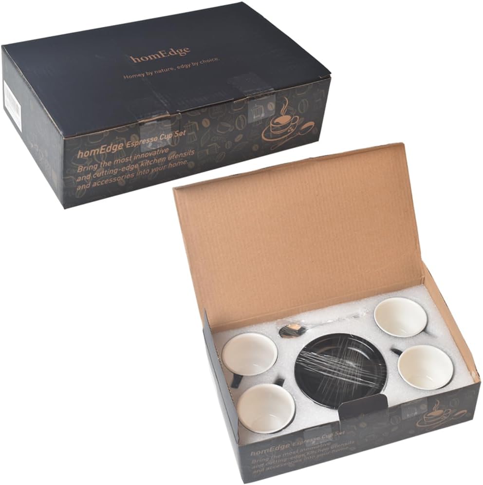 homEdge Premium Espresso Shot Cups and Saucers Set with Espresso Stainless Steel Spoons - 2.5 oz, Set of 4, Black