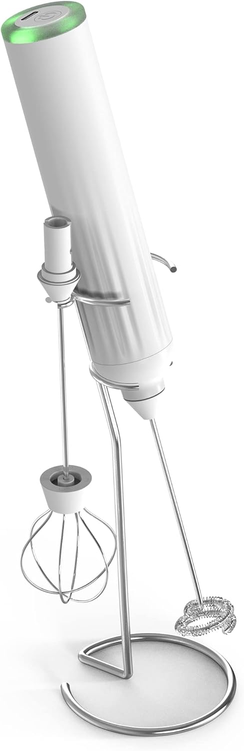 Milk Frother Handheld with 3 Stainless Steel Whisks, Rechargeable Electric Drink Mixer with Stand & Travel Case, Milk Foamer for Coffee, Latte, Cappuccino, Hot Chocolate, Egg,Jam Supplement-White