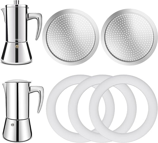 2 Pcs Filter with 3 Pcs Silicone Gasket Seals for 4 Cup Stovetop Espresso Coffee Maker Replacement Parts for 304 Stainless Steel Moka Pot