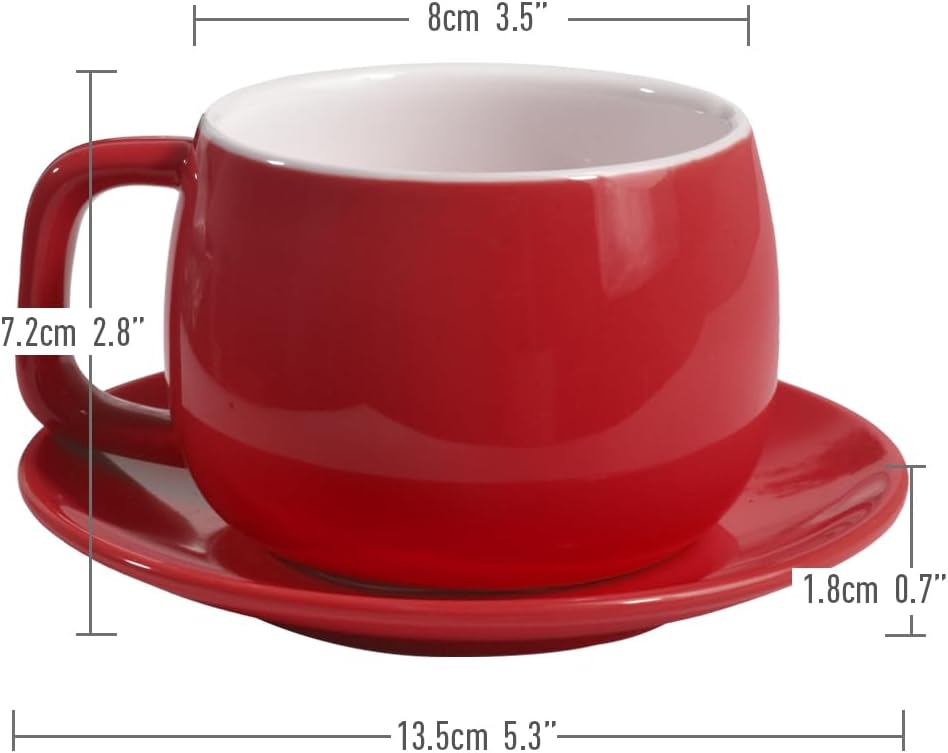 Porcelain Coffee Cup with Saucer 270ml/9oz, Minimalist Design, Perfect for Latte, Cappuccino, and Tea, Red