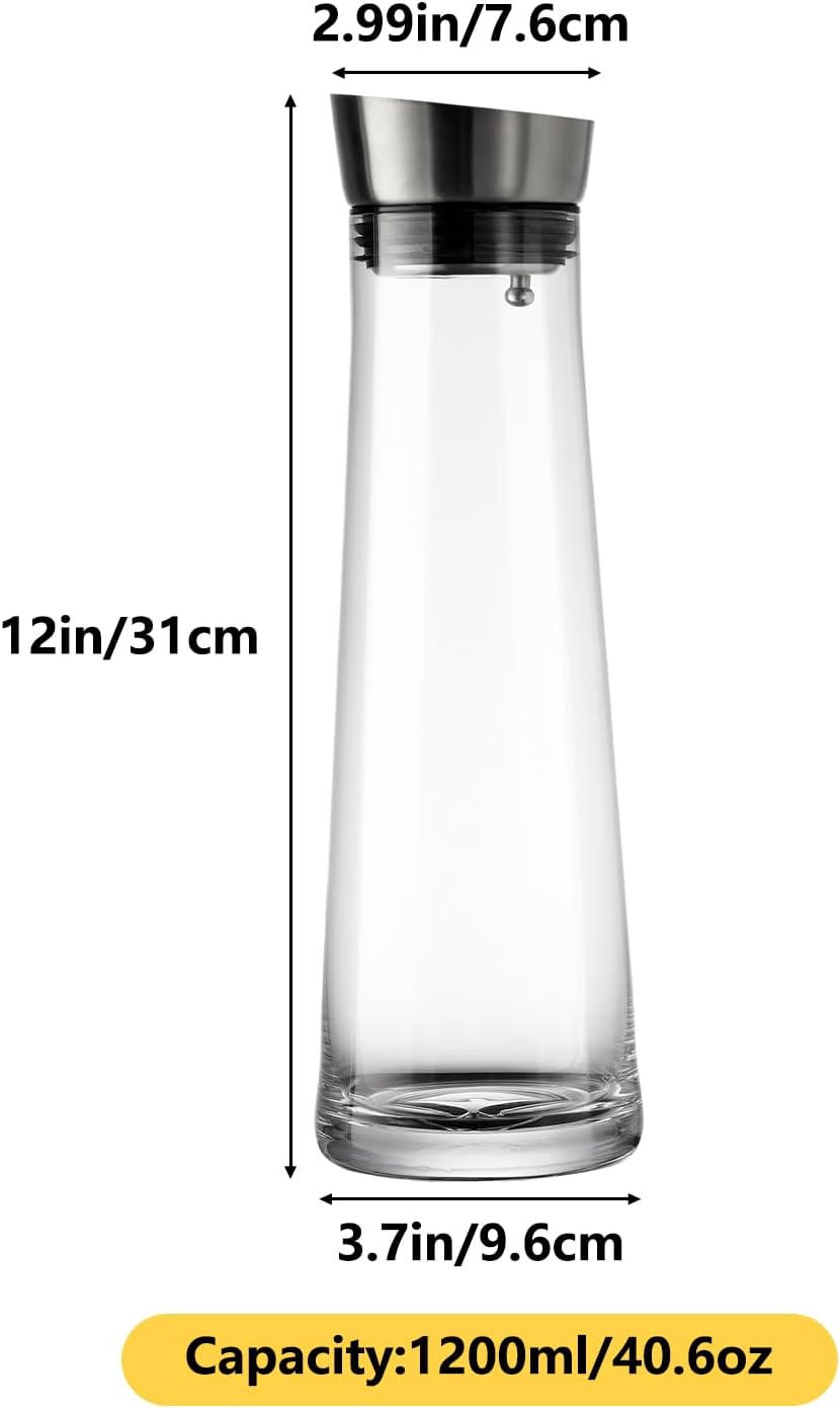 Glass Water Carafe with Lid,1200ml Glass Juice Pitcher with Stainless Steel Gravity Lid,Clear Water Pitcher for Ice Tea, Lemonade, Coffee,Juice Beverage,40 oz