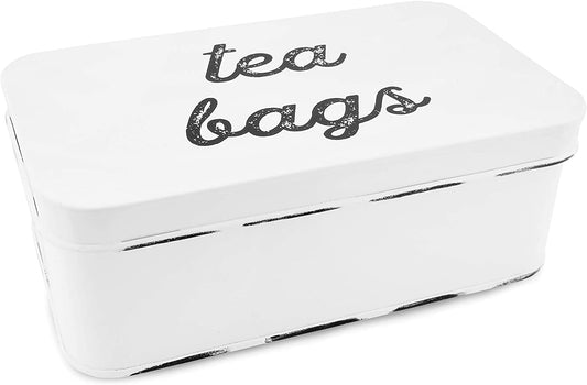 AuldHome Design Farmhouse Tea Bag Box (White), Vintage Retro Style Enamelware Tea Storage Tin