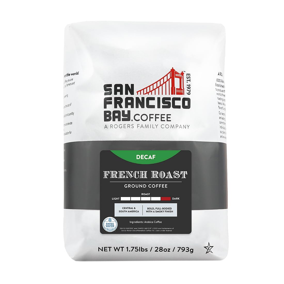 San Francisco Bay Coffee Coffee DECAF French Roast Ground Coffee, 28 oz Bag, Dark Roast, Swiss Water Process Decaffeinated