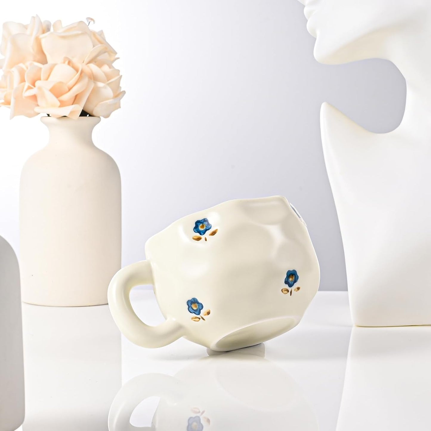 Ceramic Coffee Mug Vintage Flower Mugs 8 oz Cute Floral Coffee Mugs Irregular Latte Art Cup Lead-free Porcelain Cups for Cappuccino, Cocoa (Blue and Pink Mug with Saucers)