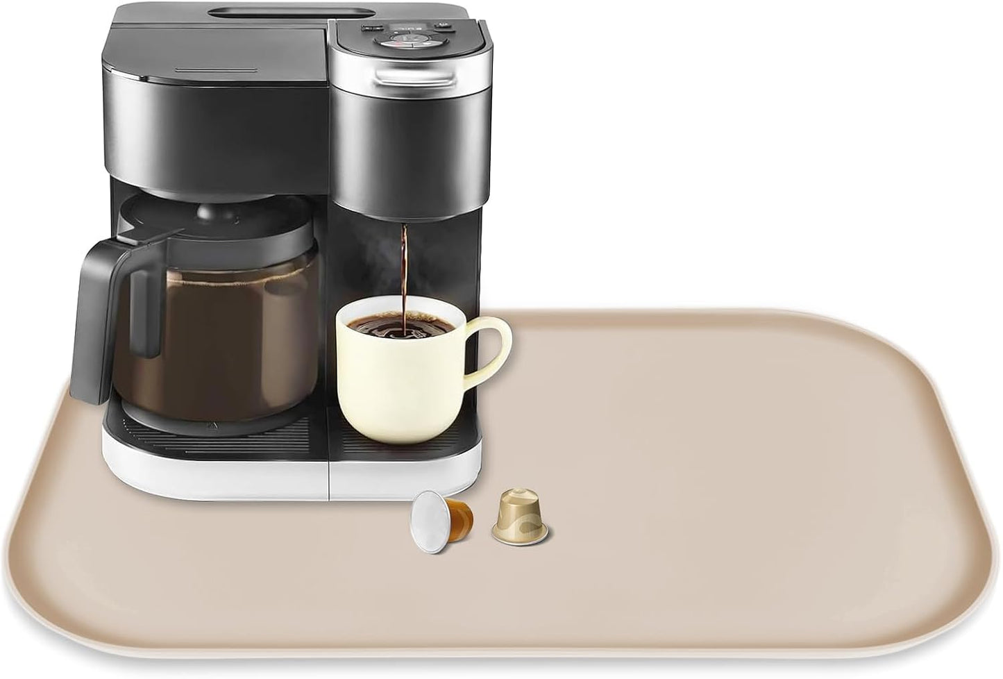 Silicone Coffee Maker Mat with Lip, 24'' x 16'' Heavy Duty Coffee Maker Mat for Countertops, Coffee Tray Fit Under Coffee Machine Appliance Automatic Machines Espresso Accessory, Khaki