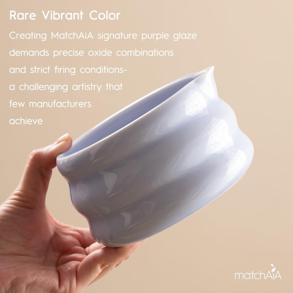 Matcha Whisk Set 8 Pcs - Ceramic Bowl, Bamboo Whisk with Holder, Canister, Sifter, Schima Spoon, Spoon Rest and Tea Towel, Complete Kit for Traditional Matcha and Modern Lattes (Purple)