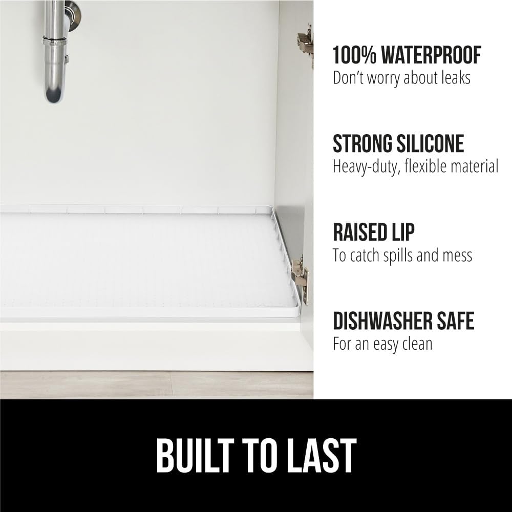 GORILLA GRIP Waterproof Silicone Under Sink Mat with Raised Lip for Kitchen and Bathroom, 31 x 22 in, Cabinet Shelf Liner Stay in Place Mats Dishwasher Safe Drawer Liner, Organizer Tray, White