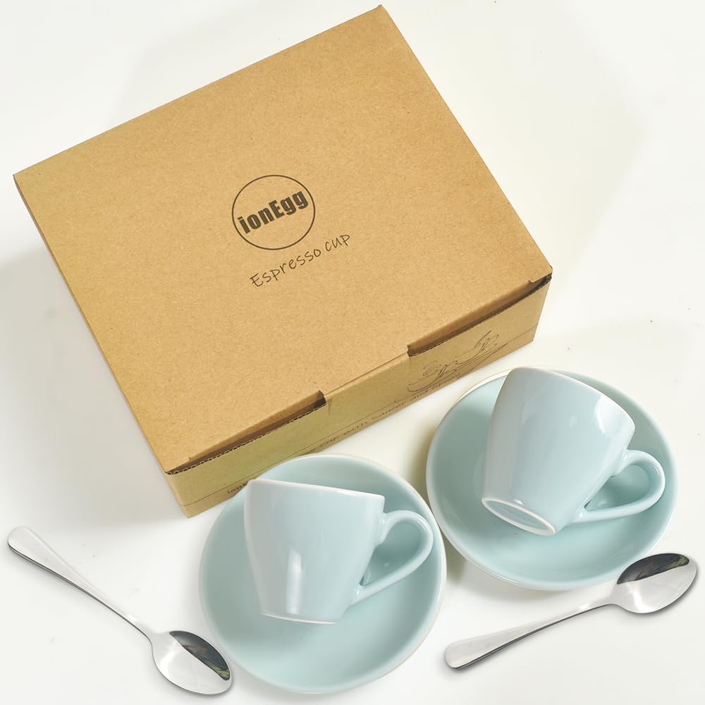 Porcelain Espresso Cup with Saucer And Stainless Steel mini Spoons, Espresso shot Cup, 80ml/2.7Oz, Pack of 2, Blue