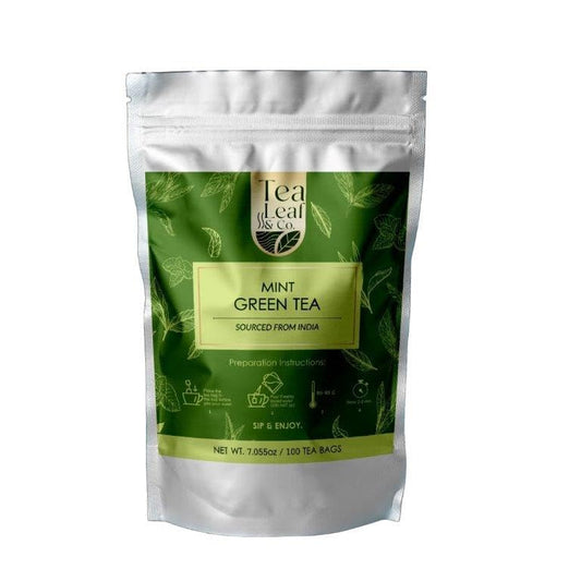 Tealeaf & Co. Mint Green Tea Bags Blended with Fresh Herbs - Spearmint & Peppermint Tea - Contains Low Caffeine - Gluten Free - 100 Teabags (7.055oz/200gm)