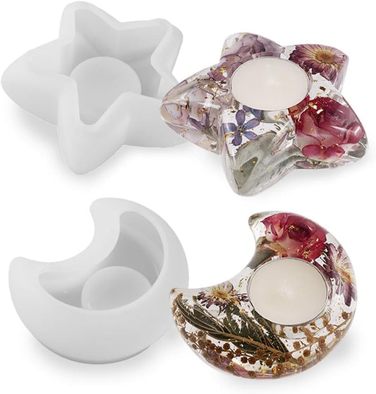 BIGEBO Candle Holder Resin Mold, Star Moon Shaped Tealight Trinket Holder Silicone Mold for Art Craft Making Home Decor