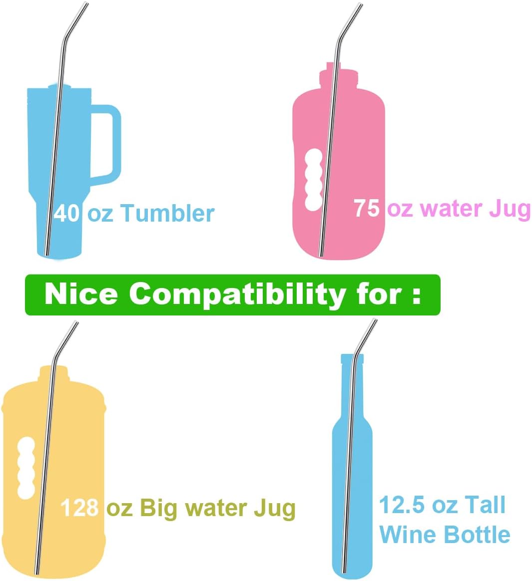 6 Pack Ultra Long Bent Metal Straws, 14 Inch Extra Long 304 Stainless Steel Reusable Drinking Straws with Cleaning Brush for 100oz Tumbler, 12.5oz Tall Wine Bottle, 64oz Water Bottle, 128oz Water Jug