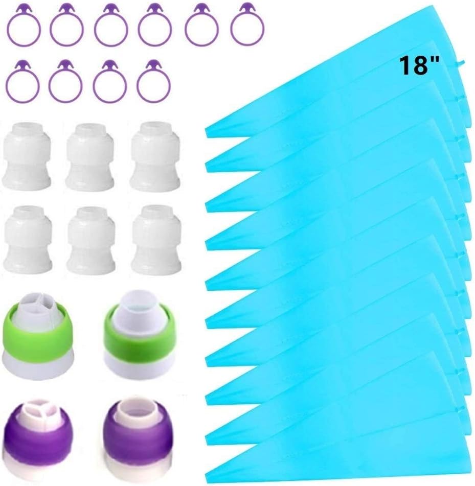 30 Pcs Pastry Piping Bags Set, with 10 PCS (18 Inch) Reusable Silicone Icing Bags,10 Couplers and 10 Frosting Bag Ties for Cake Cupcake Decorating