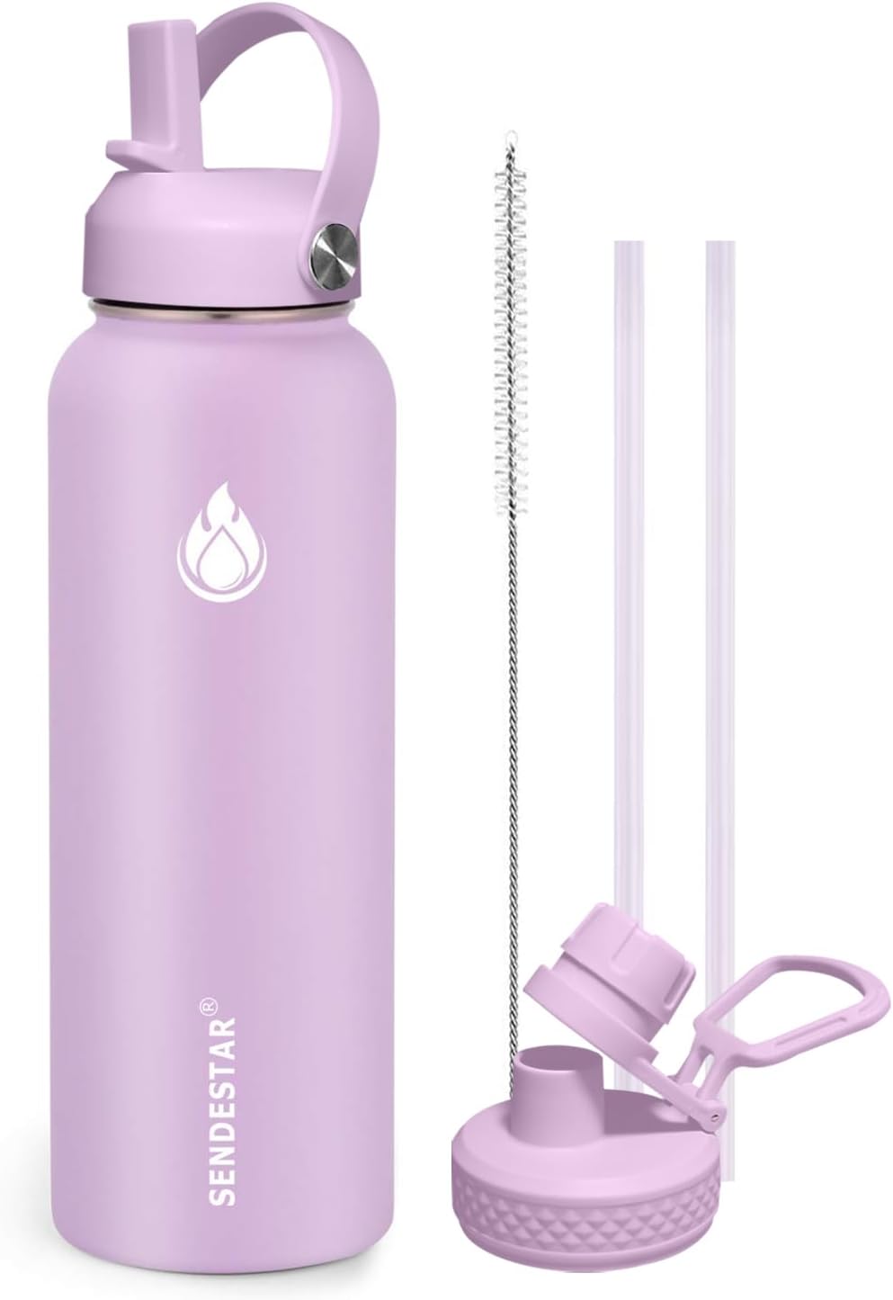 SENDESTAR Water Bottle 40oz Double Wall Vacuum Insulated Leak Proof Stainless Steel Sports Water Bottle—Wide Mouth with New Flex Straw Lid & Spout Lid (lilac)