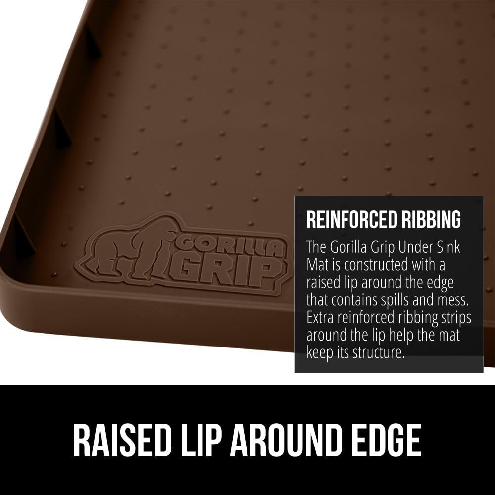GORILLA GRIP Waterproof Silicone Under Sink Mat with Raised Lip for Kitchen and Bathroom, Cabinet Shelf Liner Stay in Place Mats Dishwasher Safe Drawer Liner, Organizer Tray, 19 x 34 in, Coffee