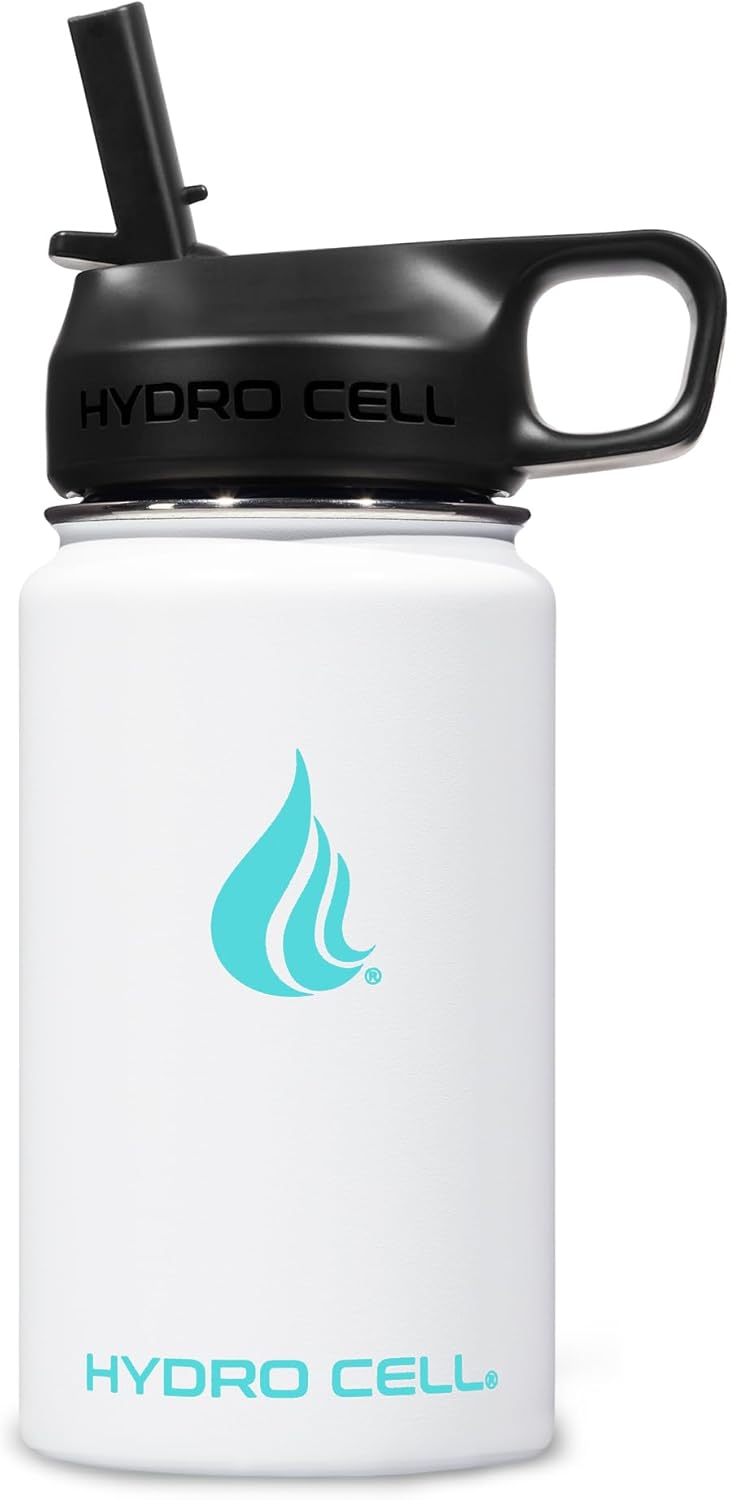 HYDRO CELL Stainless Steel Sport Water Bottle with Straw - Keeps Drinks Cold & Hot via a Leak Proof Metal Triple Insulated Vacuum Flask for All Sports and Outdoors Activities (White 14oz)