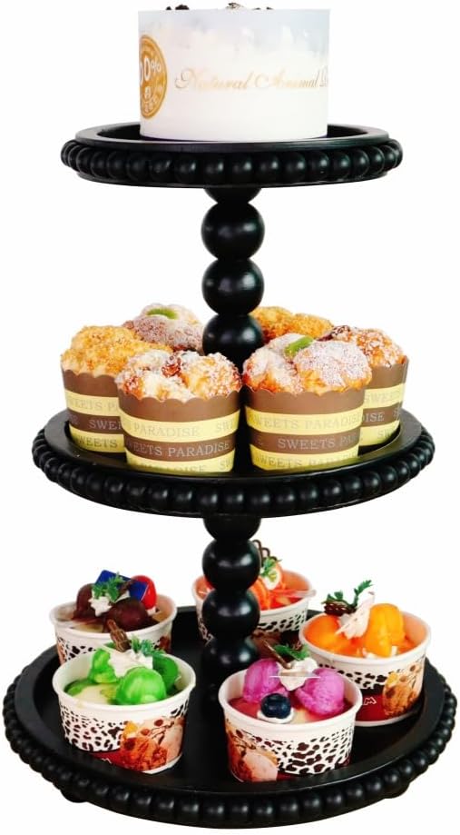3 Tier Serving Tray， Wood Cupcake Stand，3 Tier Cupcake Stand，Tiered Tray Stand，Wooden Tiered Tray Stand，Suitable for Weddings/Birthdays/Dinners，（Black）.