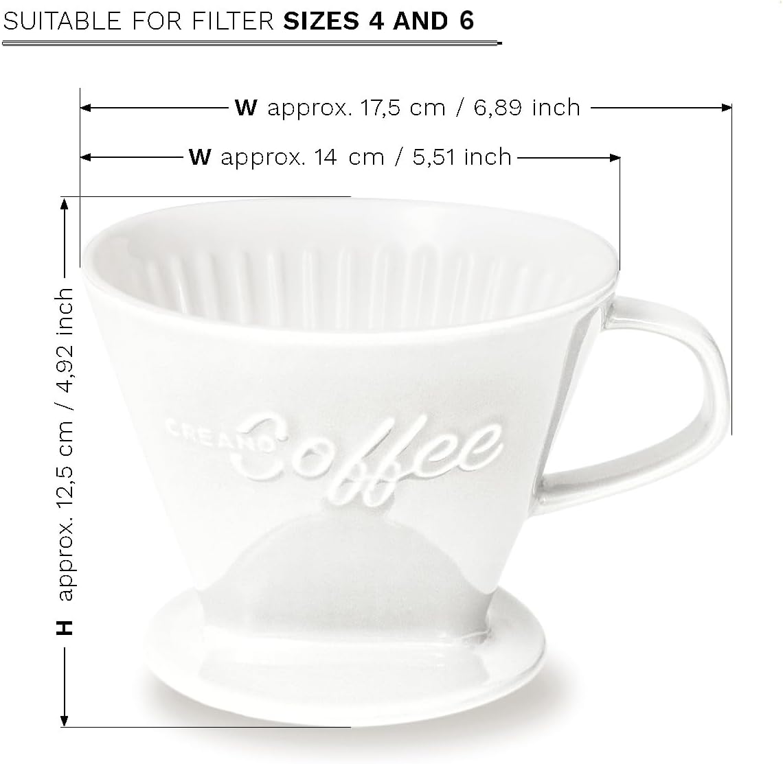 Creano XXL Porcelain Coffee Dripper White - Ceramic Cone Brewer - Pour Over Coffee Maker - Filter Size 4 - huge and heavy quality 800gr/28oz - 6 Colours availeble